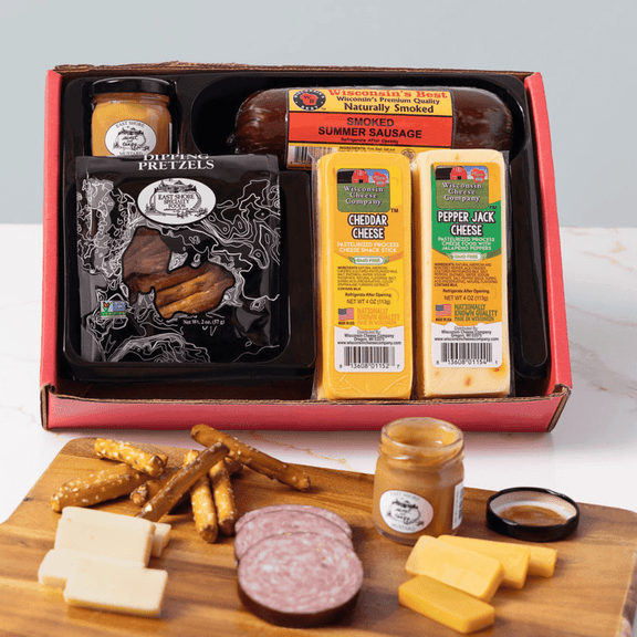 Wisconsin Cheese, Sausage, Pretzel & Mustard Gift Box | Great for Gifts & Charcuterie Boards | Low Carb, High Protein, Keto-Friendly