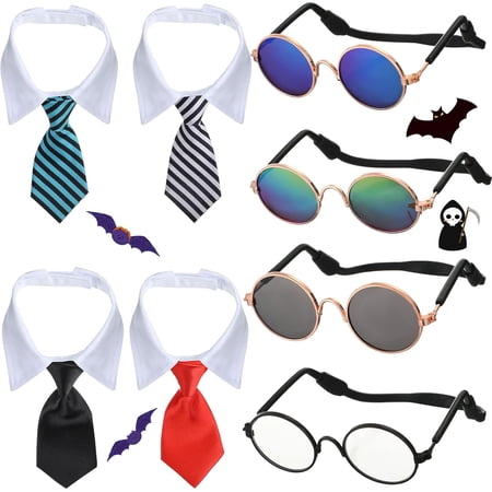 8 Pcs Pet Dog Cat Costume Cat Tie Collar Glasses for Small Dog Round Metal Retro Sunglasses Tie Pet Costume Tuxedo Necktie Collar Puppy Accessories Halloween Cosplay Party(Classic Colors)