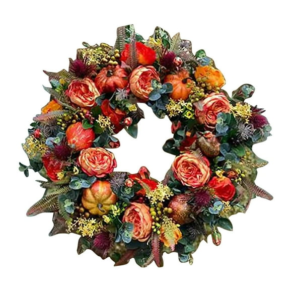 Floral Wreath Decoration Farmhouse Pumpkin Wreath for Front Door Autumn Pumpkin Wreath with Bows and Berries Burlap Pumpkin Garland for Autumn Fall Halloween Thanksgiving Wall Decor Artificial Wreath
