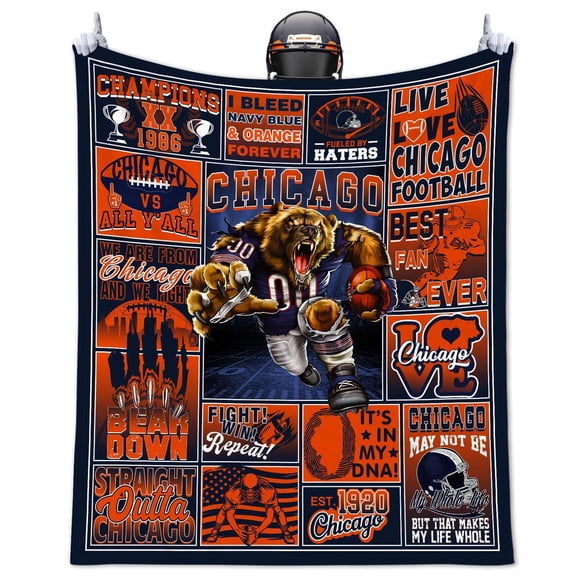Football Fan Throw Blanket, Orange and Navy Bear Sports Graphic, Game Day Decorative Blanket for Couch, Bed, Sofa and Bedroom, 60" x 50"