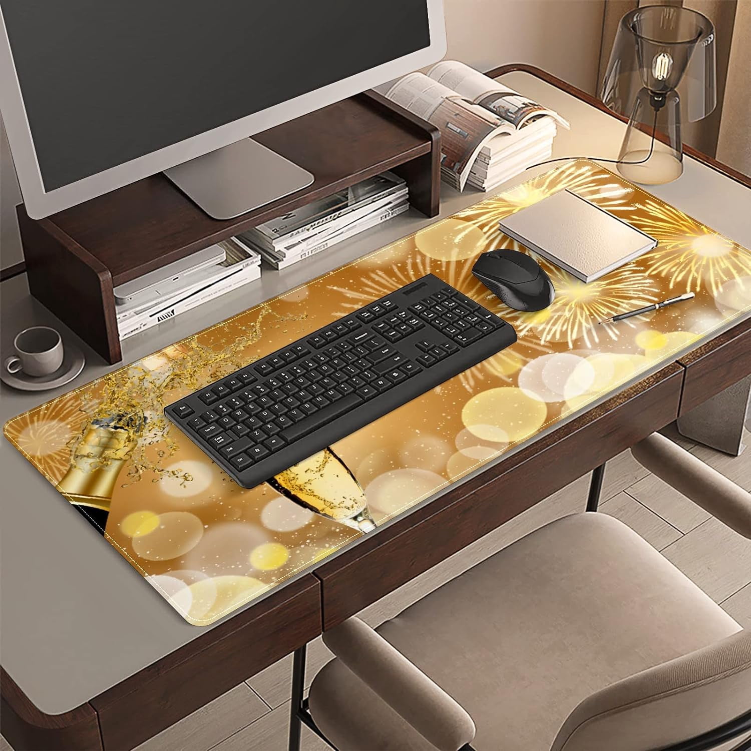 Golden Glitter New Year Desk Mat, Desk Accessory, Cute Workspace, Trendy Workspace, Trendy, 35.4x15.7in Large Gaming Mouse Pad, Cute Desk Topper, Pretty Desk Pad