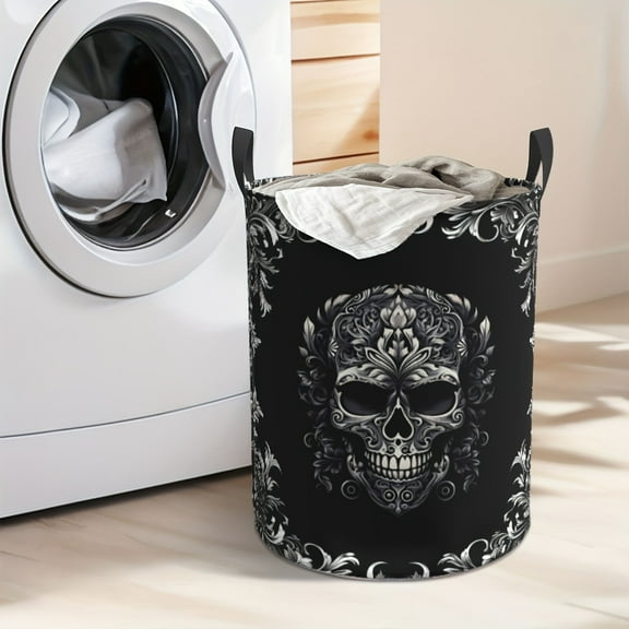 Black Skull Pattern Halloween Dirty Laundry Basket, Round Foldable Large-capacity Oxford Fabric Storage Basket, Suitable for Bedroom, Bathroom, Toys and Clothes Storage, Laundry Basket