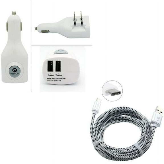 Type-C 6ft USB Cable w 2-Port USB Car Home Charger D9Z for Acer Liquid Jade Primo - Alcatel PulseMix, 7, Idol 5S 5 4S - ASUS Zenfone V Live, ROG Phone, AR 6 5z 4 Pro - Blackberry Key2, Motion