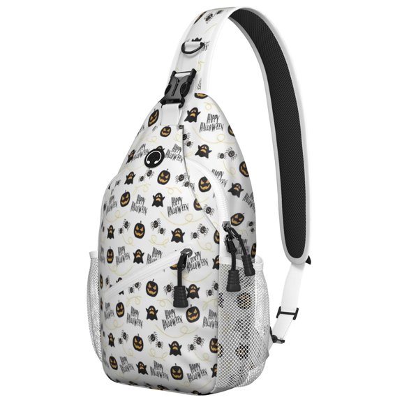 Sling Backpack,Halloween Happy Halloween Pumpkins and Spiders Sling Bag with Water Bottle Holder,Waterproof Sling Bag for Men/Women with Headphone Jack for Hiking,Travel
