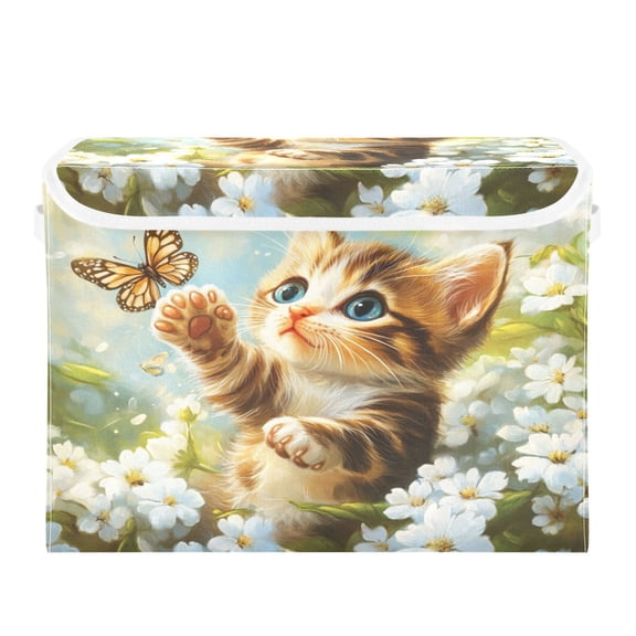 Storage Box With Lid 16.5x12.6x11.8In Foldable Stacked Household Storage Box Cat Butterfly Play