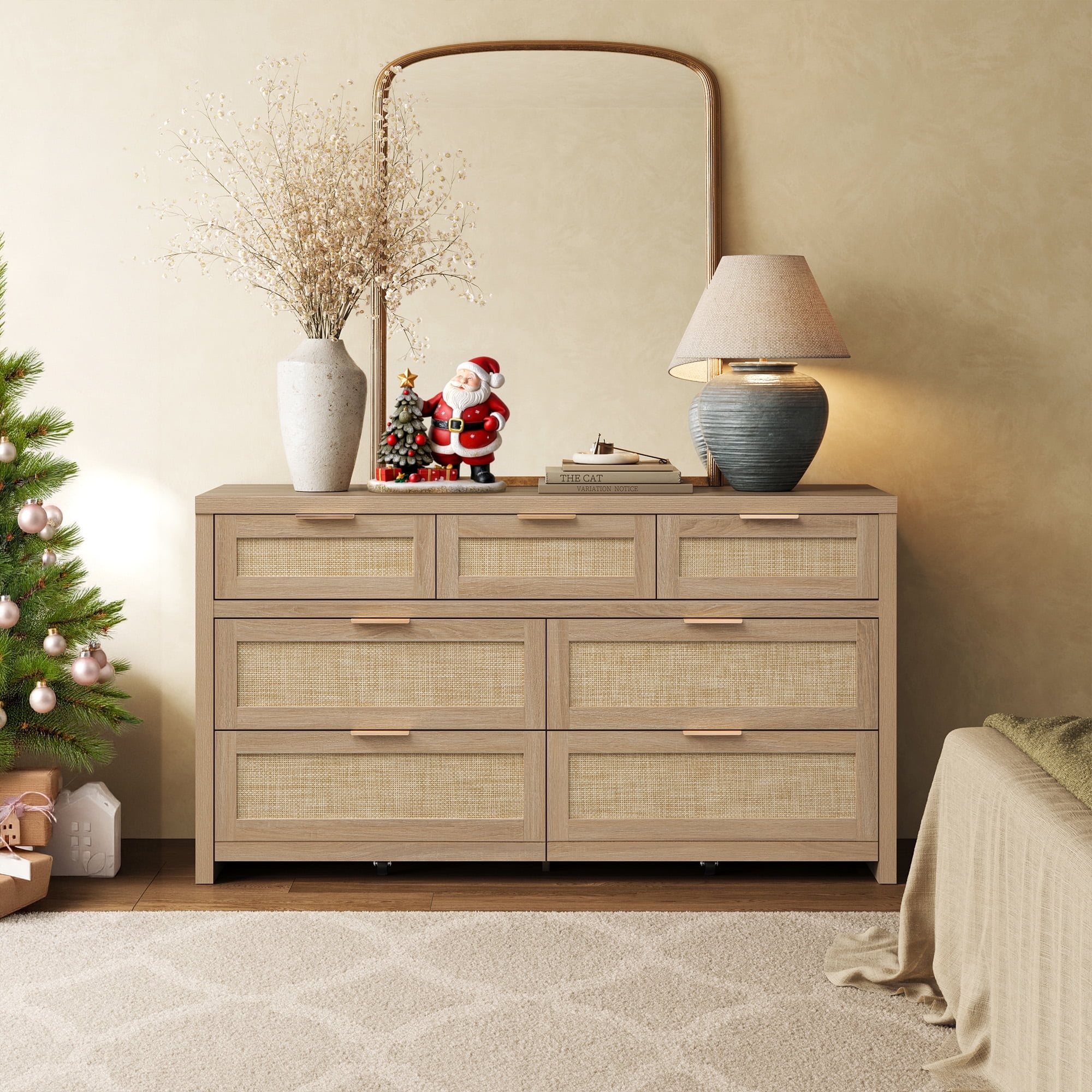 SICOTAS 56.88" Wide 7 Drawer Tall Dressers, Boho Dresser with Oversized Storage Space Rattan Dressers & Chests of Drawer Engineered Wooden Dressers for Bedroom,Reclaimed Light Oak