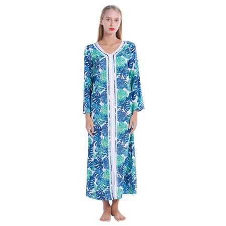 

EFINNY Women s Printed Nightgown V Neck Long Nightshirt Long Sleeve Sleepwear with Pockets Homewear S-XXL