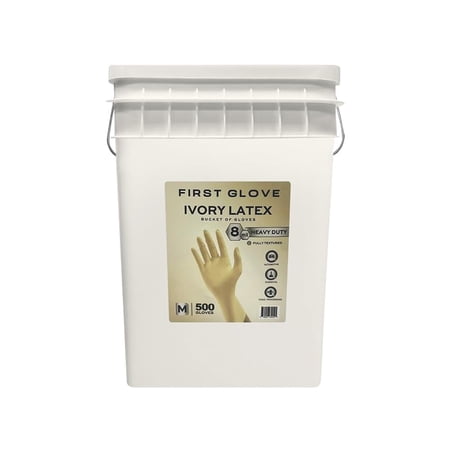First Glove 8 Mil Latex Gloves Bucket - X - Large 500 Count - Heavy Duty Fully Textured Disposable Gloves for Industrial & Automotive Work - Powder Free, Ivory, Bulk