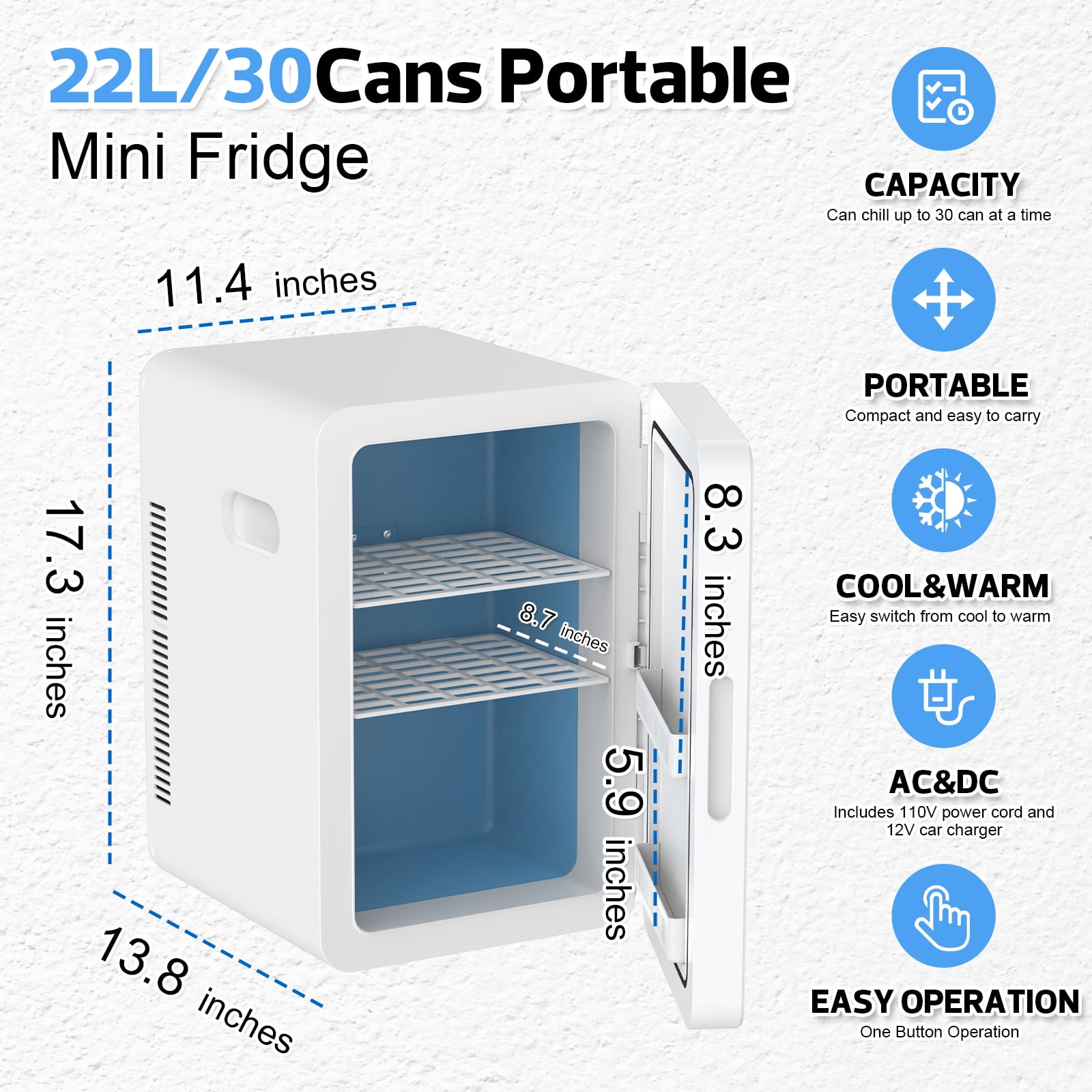 Advwin 22L Mini Fridge Cooler, Compact Personal Refrigerators for Skincare, Beverage, White