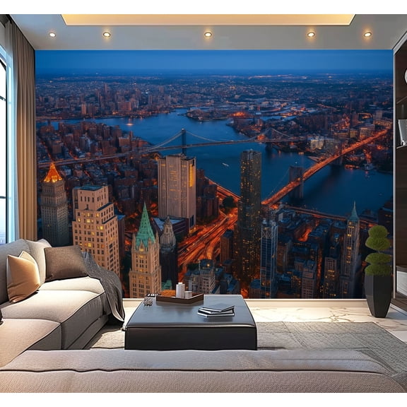 Peel and Stick Wallpaper Waterproof Aerial view New York City dusk Wall Mural Decor Self Adhesive and Removable 100in x 144in