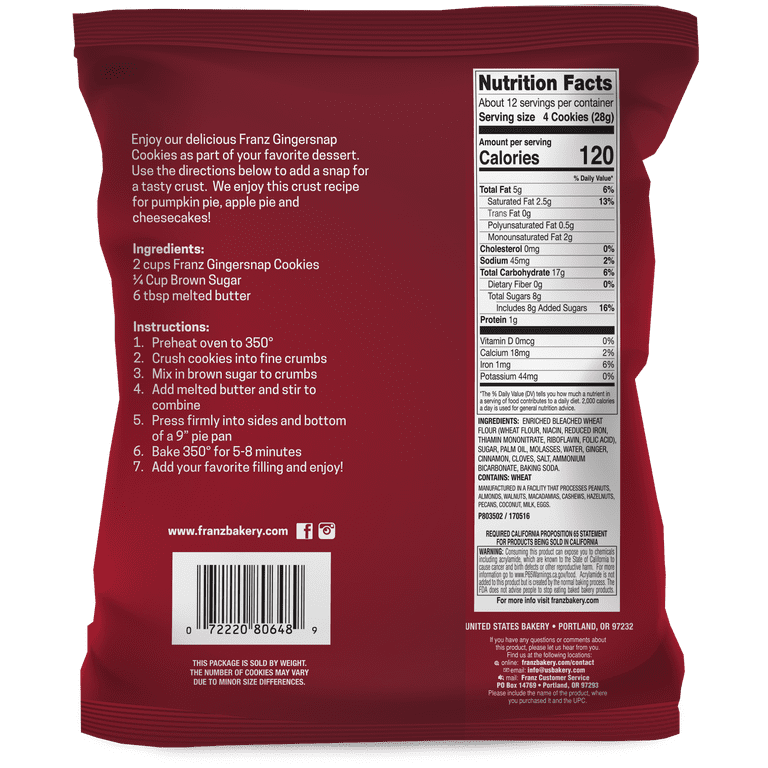 Franz Bake Shoppe Crisp Baked Ginger Snap Cookies, 12 oz