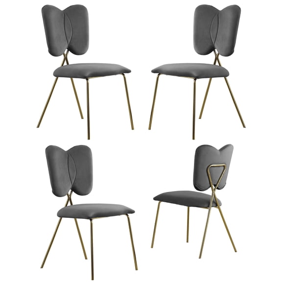 Chaises Latérales Ailées avec Velours Gris Foncé et Base Chromée Dorée (Ensemble de 4)