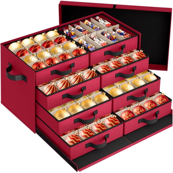 Hajimi Christmas Ornament Storage Box - Ultra Large Drawer Ornament Organizer with 8 Separate Trays & Adjustable Dividers, Portable Ornaments Box with Cover & Handle for Holiday Decorations(Red)