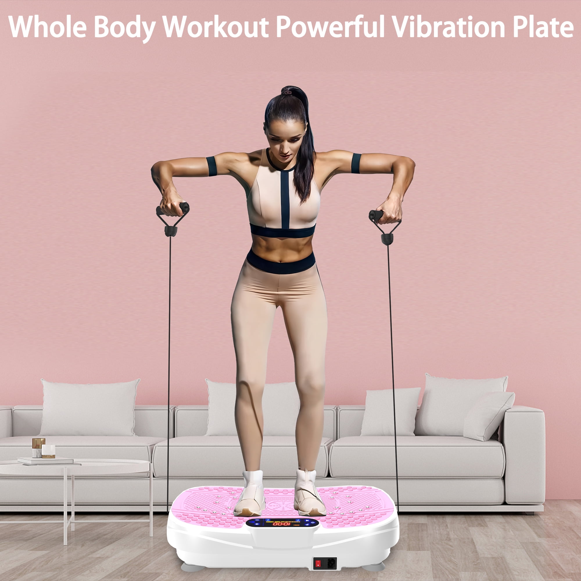 HomePerch Vibration Plate Exercise Machine for Lymphatic Drainage, Whole Body Workout Fitness Platform with Resistance Bands, Shake Board for Weight Loss & Home Gym Training  Pink