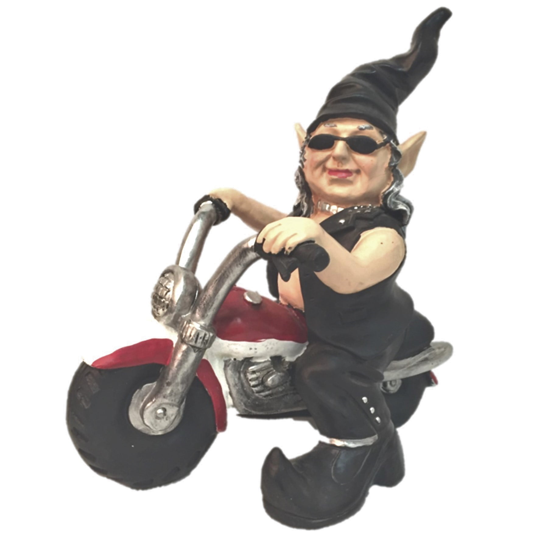 Homestyles 12"H Biker "Babe" the Biker Gnome in Leather Motorcycle Gear Riding Her RED Bike Home