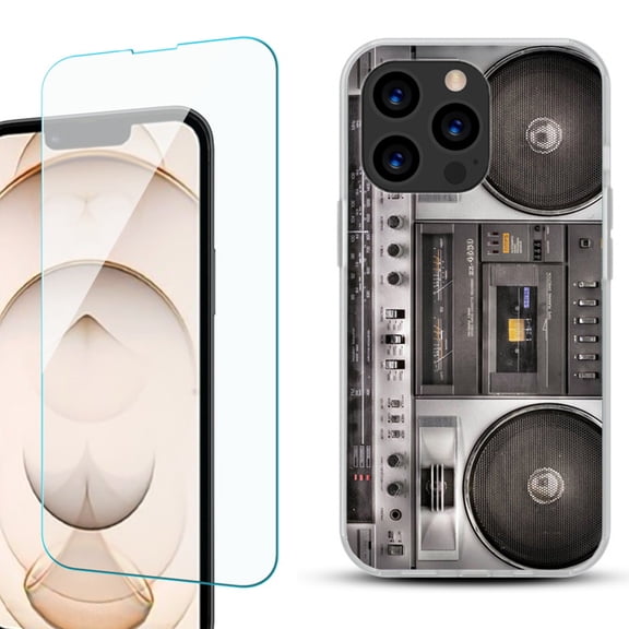 Slim-Fit Anti-Scratch Gel TPU Phone Case for iPhone 13 Pro, with Tempered Glass Screen Protector, by OneToughShield ® - Boombox