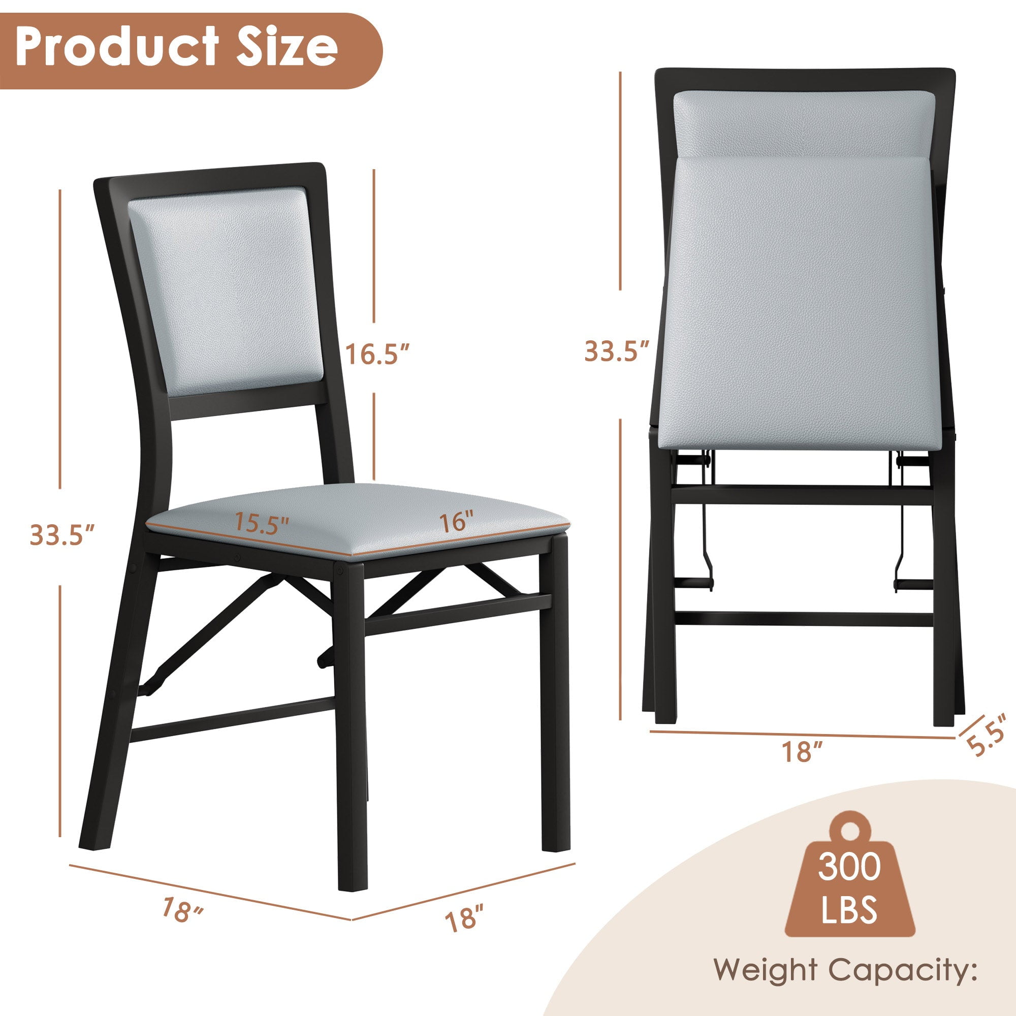 VECELO Dining Chairs Set of 2, Space-Saving and No Assembly, High Back PU Upholstered Folding Chairs with Metal Frame for Kitchen and Living Room, Grey