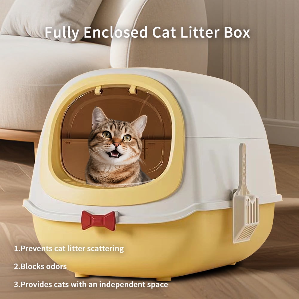 Fully Enclosed Cat Litter Box, Large Odor-Control Kitty Toilet with Flip Lid, Scoop & Anti-Tracking Pedal, Removable Design, Yellow