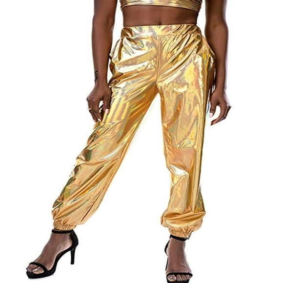 Owl‘s-Yard Women‘s Metallic Shinny Pants  Casual Holographic Jogger Sweatpants Punk Hip Hop Trousers