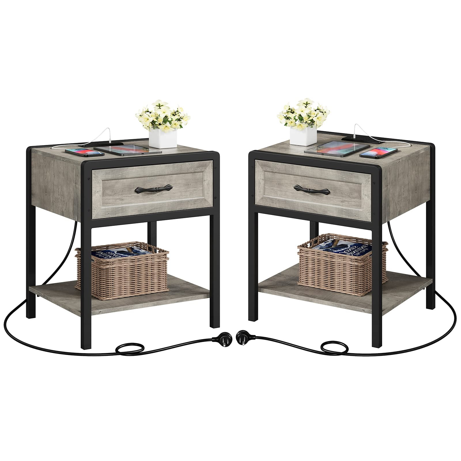 Juiluna Nightstand with Charging Station, Retro Side Table with 1