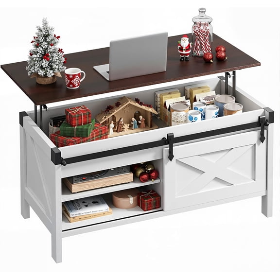 Lift Top Coffee Table, 39.4" Farmhouse Coffee Table with Large Hidden Storage Compartment, Sliding Barn Doors, Modern Wood Center Table for Living Room, Office, White