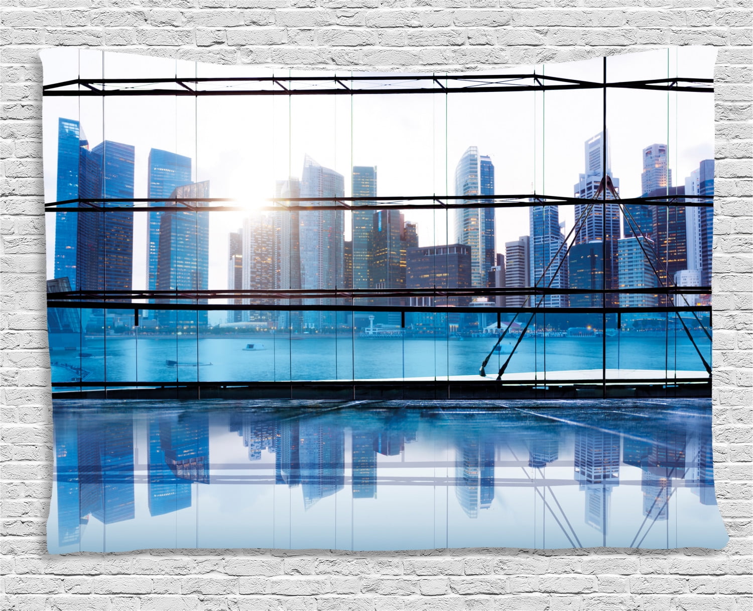 Office Decor Tapestry, Urban Cityscape View with Skyscrapers Buildings