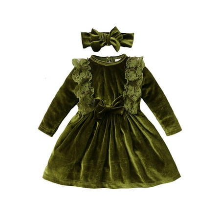 

Kids Girls Casual Winter 2Pcs Outfit Long Sleeve Crew Neck Lace Ruffles Bow Front Button Velvet A-line Princess Dress+Headband Set