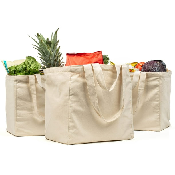 VeraMia Bolsas de lona para comestibles, 3 piezas, con bolsillos, correas para los hombros, plegables, lavables y resistentes