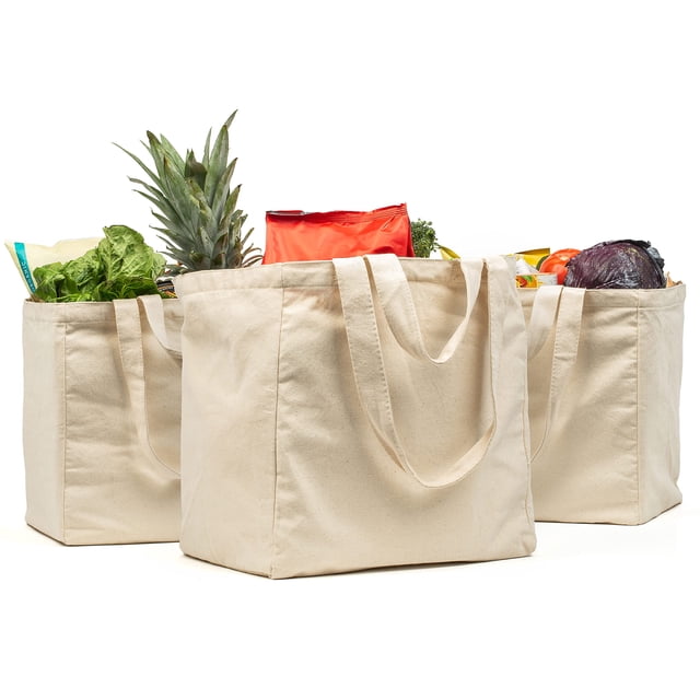 VeraMia Bolsas de lona para comestibles, 3 piezas, con bolsillos, correas para los hombros, plegables, lavables y resistentes