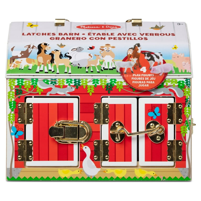 Melissa & Doug Latches Wooden Activity Barn with 6 Doors, 4 Play Figure  Farm Animals 