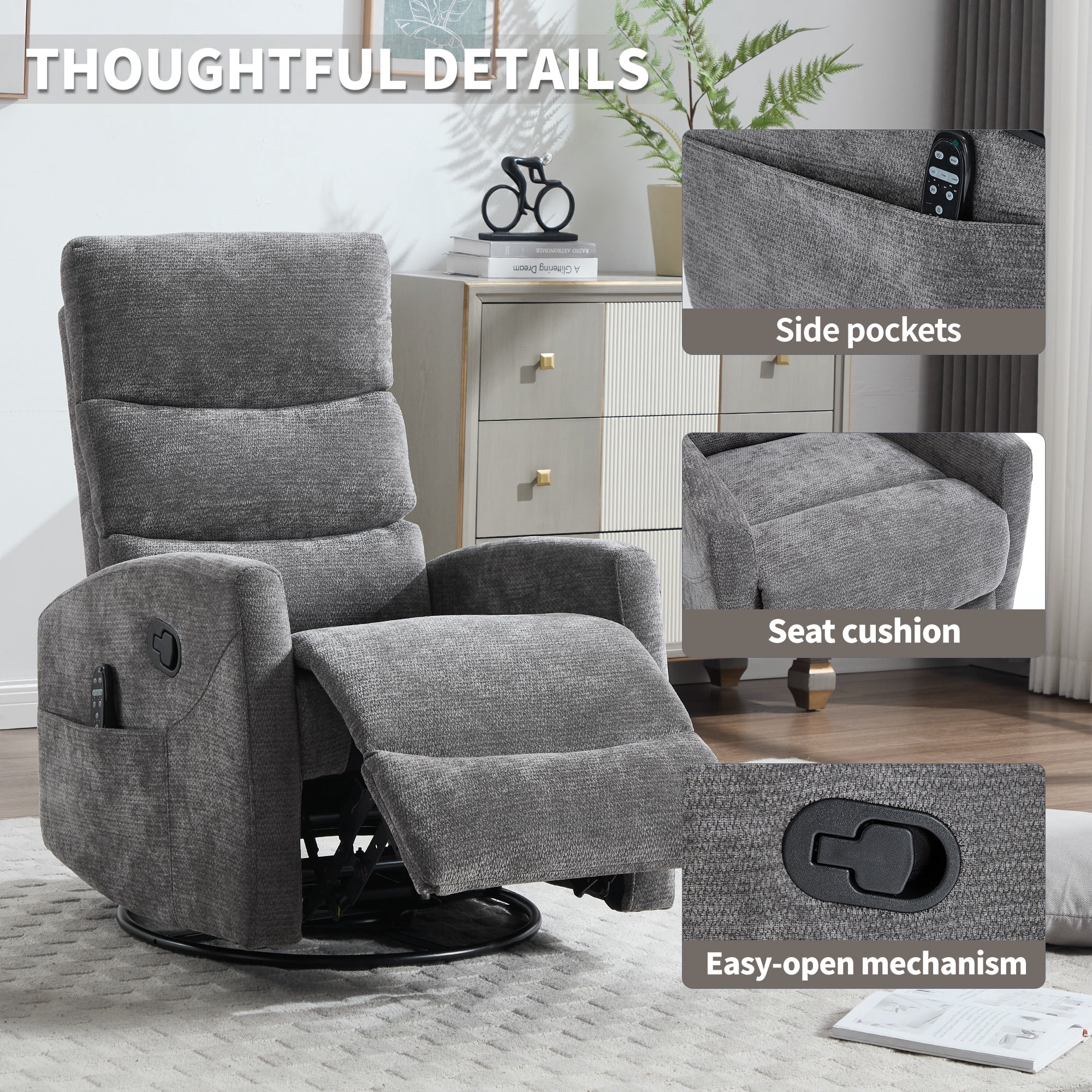 PAPROOS Rocker Recliner with Heat and Massage, Fabric 360° Swivel Rocking Recliner, Glider Rocking Chair for Nursery, Manual Recliner with Side Pocket for Adults for Home Theater Living Room, Gray