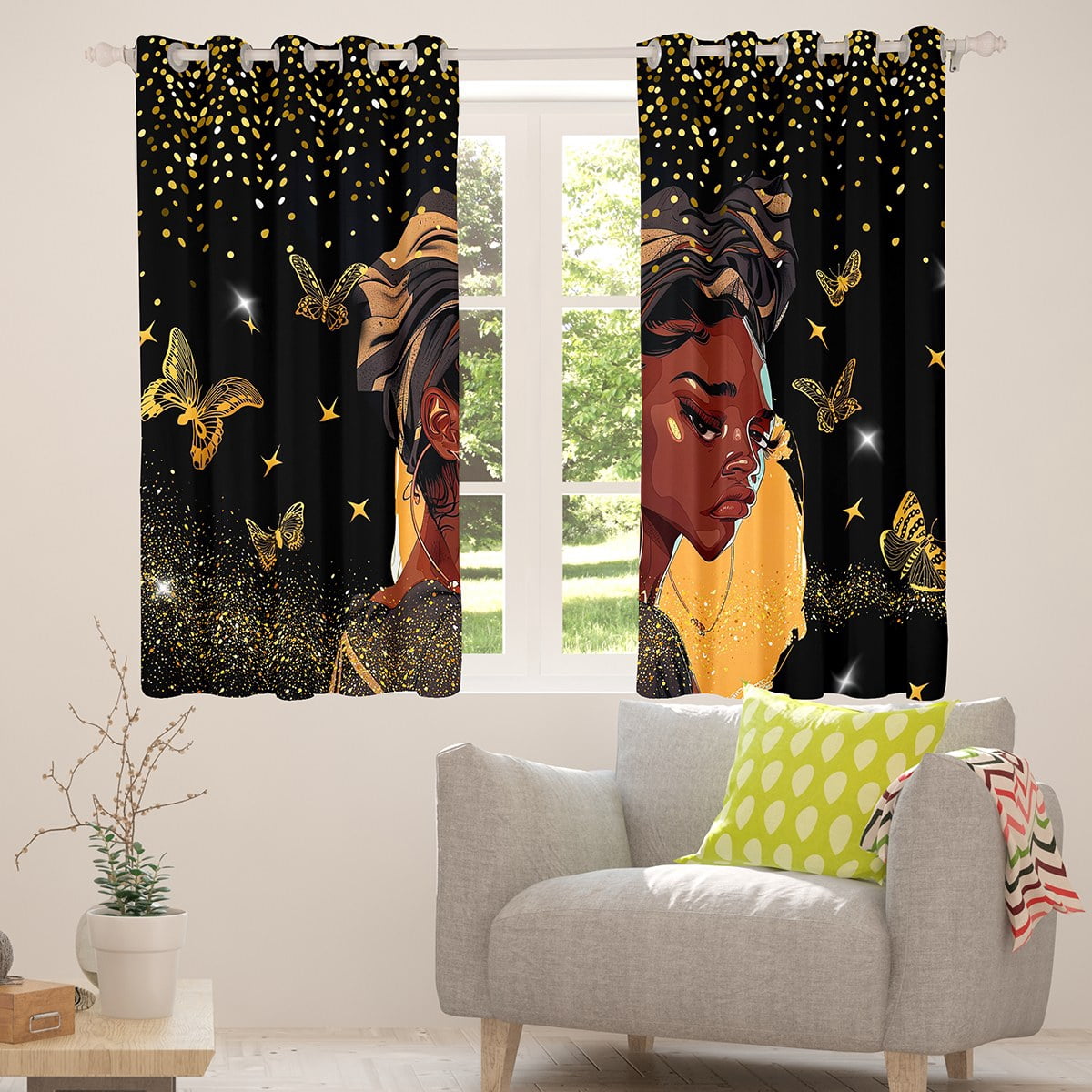 Erosebridal Black Women Curtains & Drapes for Teen Chic Butterfly Blackout Curtains, Black Gold Curtains Magical Black Black Out Curtains, Golden Glitter Window Drapes