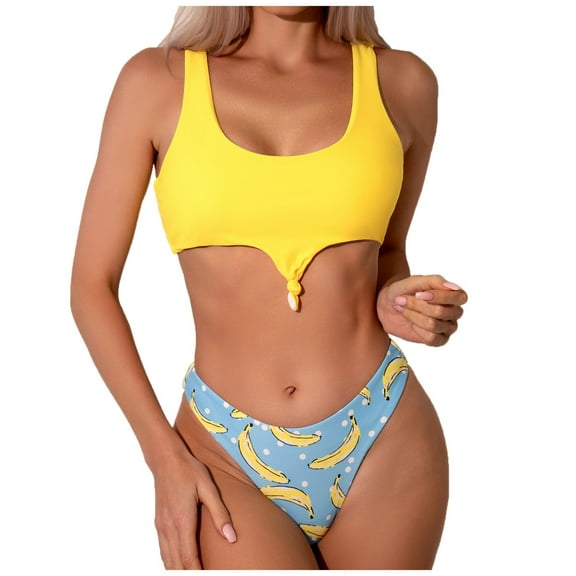 Cathalem Womens Swimsuits Women's Sexy Thong Bottom Two Piece Bikini Double Shoulder Straps Cute Swimsuit Triangle Bathing (Yellow,L)