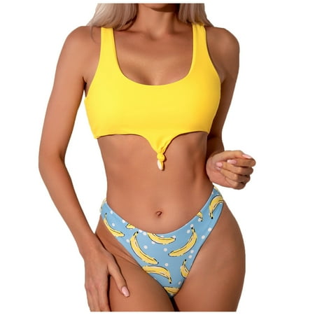Cathalem Womens Swimsuits Women s Sexy Thong Bottom Two Piece Bikini Double Shoulder Straps Cute Swimsuit Triangle Bathing (Yellow S)