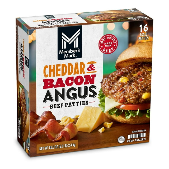 Member's Mark Cheddar and Bacon Angus Beef Patties, Frozen, 1/3 lb., 16 ct.