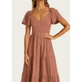thumbnail image 3 of FreshPretty Women Spring Summer Casual Linen Short Sleeve Midi Dress Button V Neck Tiered Vacation Sundress with Pockets, 3 of 6