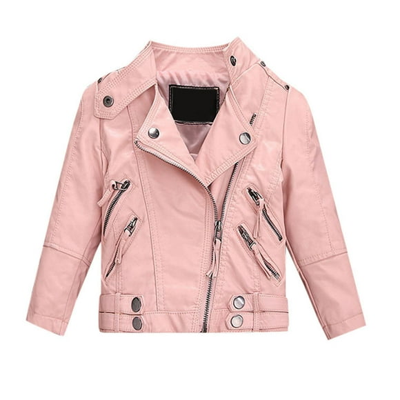 YOUSNH Kids Girl Spring PU Leather Jacket Motorcycle Coat for Boy Leather Jacket Jackets for Kids Pink 3-4 Years