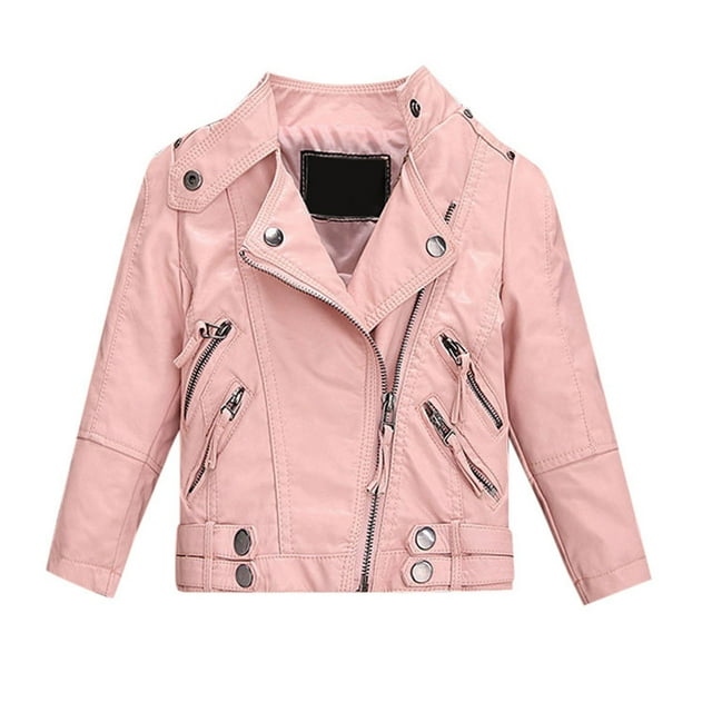 XASZHN Kids Girl Spring Pu Leather Jacket Motorcycle Coat for Boy Leather Jacket Pink 5-6 Years