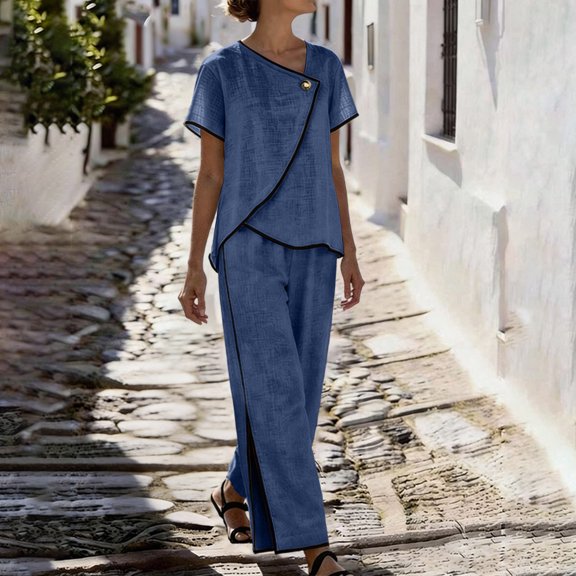 Pounoo Cotton Sets for Women 2 Piece Asymmetric Wrap Neck Single Button Short Sleeve Tops Contrast Edge Wide Leg Pants Casual Daily Outfits Gift