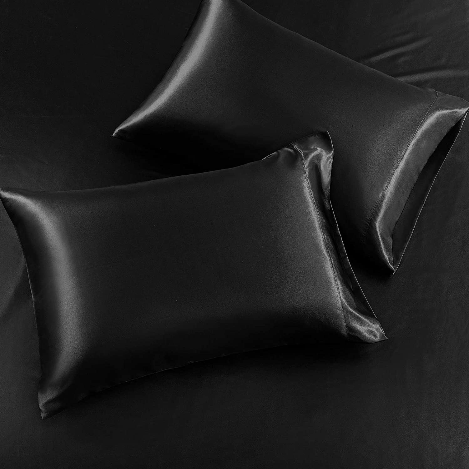 Drap Plat 205x243 Cm Satin Parure De Lit 4 Pièces En Satin (Lit Double) - Noir - Drap Plat, Drap Housse Poches Profondes, 2 Taies - MR&HM Drap En Satin