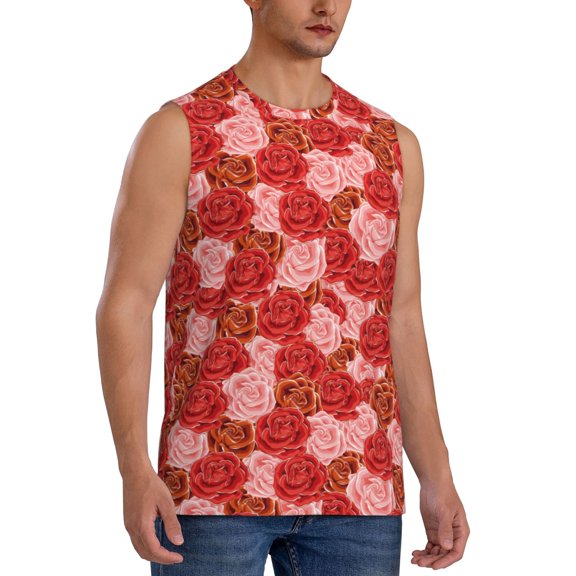 Fotbe Men's Rose Flowers Print Men's Sleeveless Muscle Tank Tops Casual T-Shirts for Gym Workout Beach-Medium