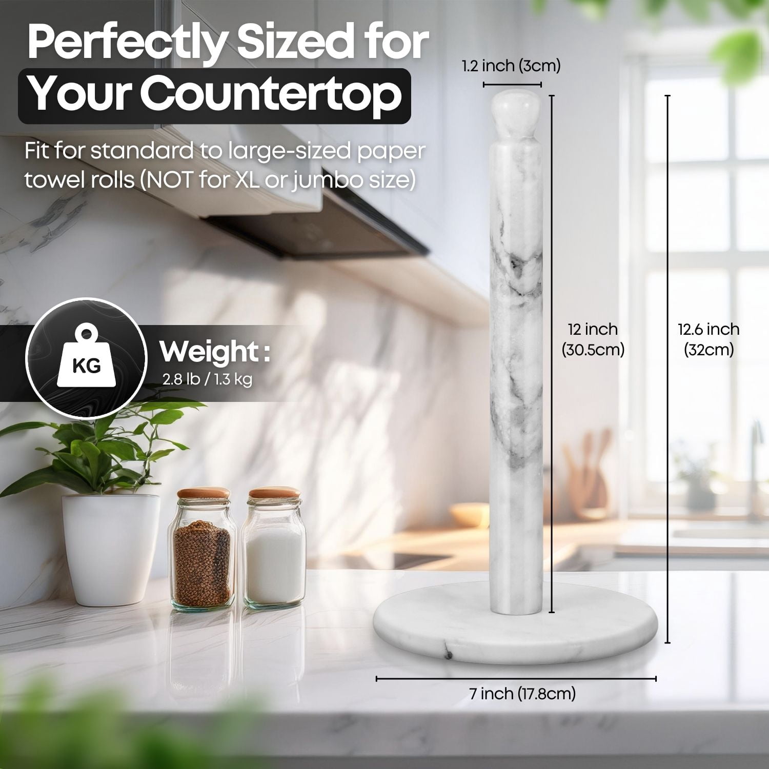Marble Paper Towel Holder 12 inch (White Marble) Kitchen Paper Towels Roll Dispenser Stand Rack with Marble Pole and Weight Base for Countertop Tables Home Dining Bathroom Storage