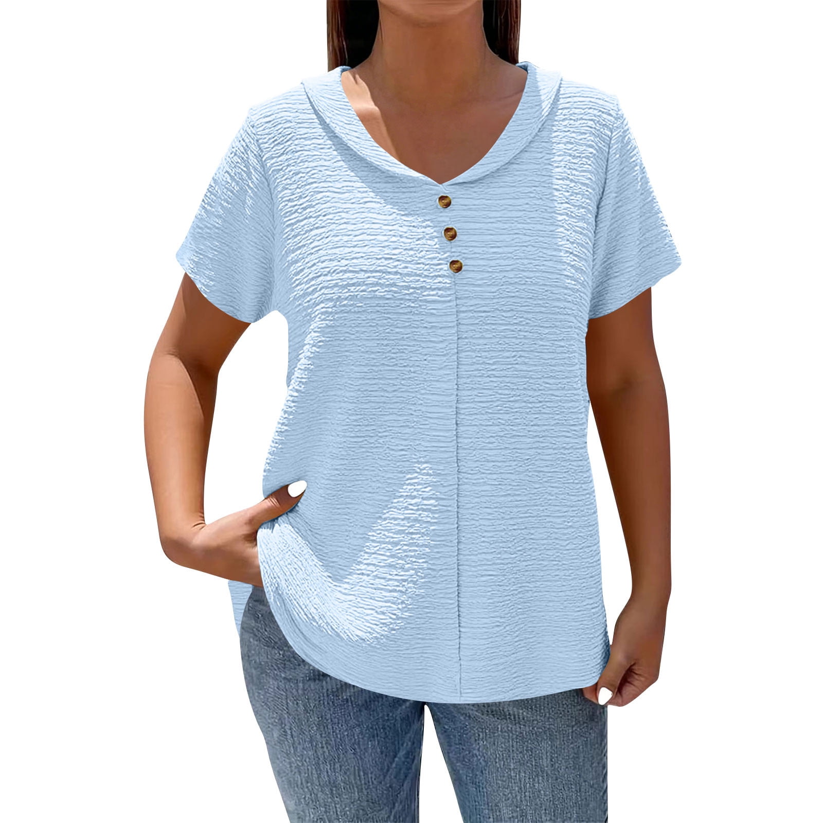 hlysgo Womens Short Sleeve Tops Plus Size Casual Summer Button Collared Blouse Lightweight Loose Knit Shirts Blue L