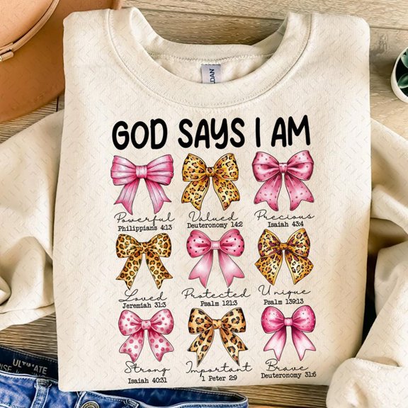 God Says I Am Sweatshirt, Coquette Bow Sweatshirt, Christian Preppy Shirt, Jesus Sublimation Sweatshirt
