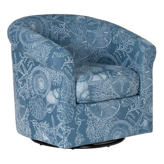 Maklaine Fully Upholstered Coastal Swivel Club Chair in Blue Seashell Pattern