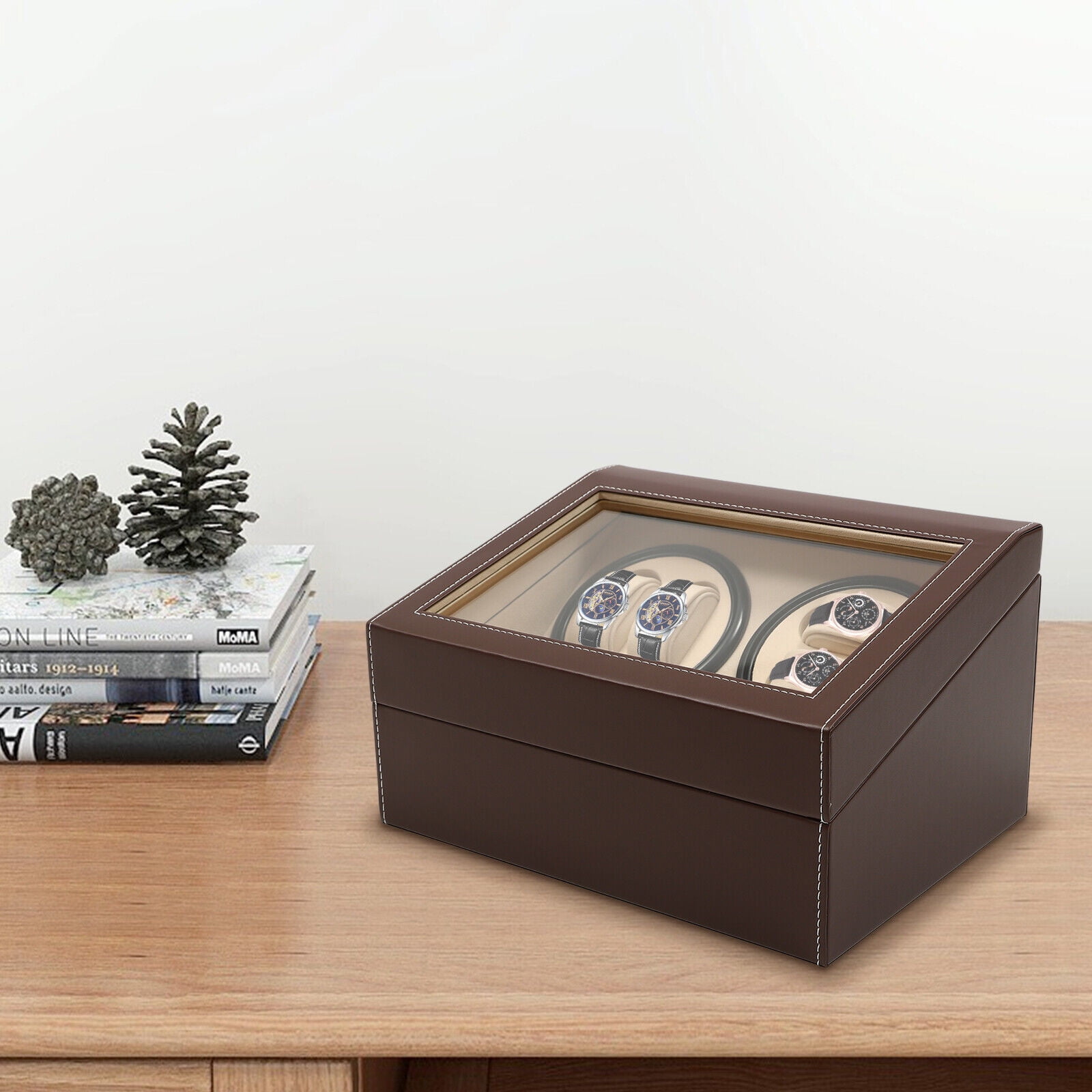 4 + 6 Luxury Automatic Rotation Wood Watch Winder Storage Display Box Brown