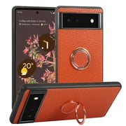Elehold Lychee Texture PU Leather Hand Ring Phone Case for Google Pixel 7 6.3 inch Made of Leather and TPU with 360° Rotatng Ring Kickstand Anti-Fingerprint Magnetic Car Mount Shockproof Case,Orange