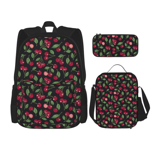Easygdp Ripe Red Cherry Mochila para Niños y Niñas con Set de Caja de Almuerzo y Estuche para Lápices 3 en 1, Mochila Escolar Estampada para Adolescentes