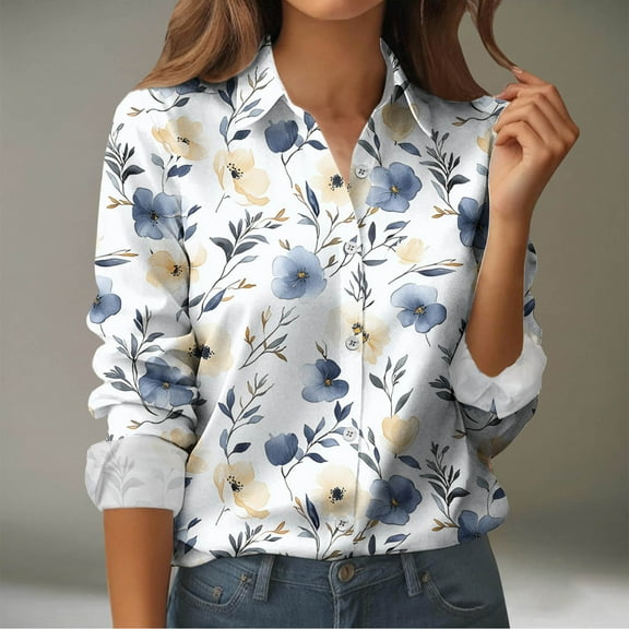 FNFYFH Button Down Shirts for Women Dressy Floral Printed Long Sleeve Blouse Collared Business Casual Work Tops
