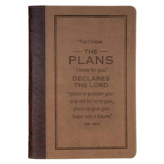 Christian Art Gifts Inspirational Zippered Journal, For I Know the Plans Wide Ruled Notebook, Jer. 29:11 Bible Verse, Two Tone Brown Vegan Leather, 336 Lined Pages w/scripture, (9” x 6.4” x .9”)